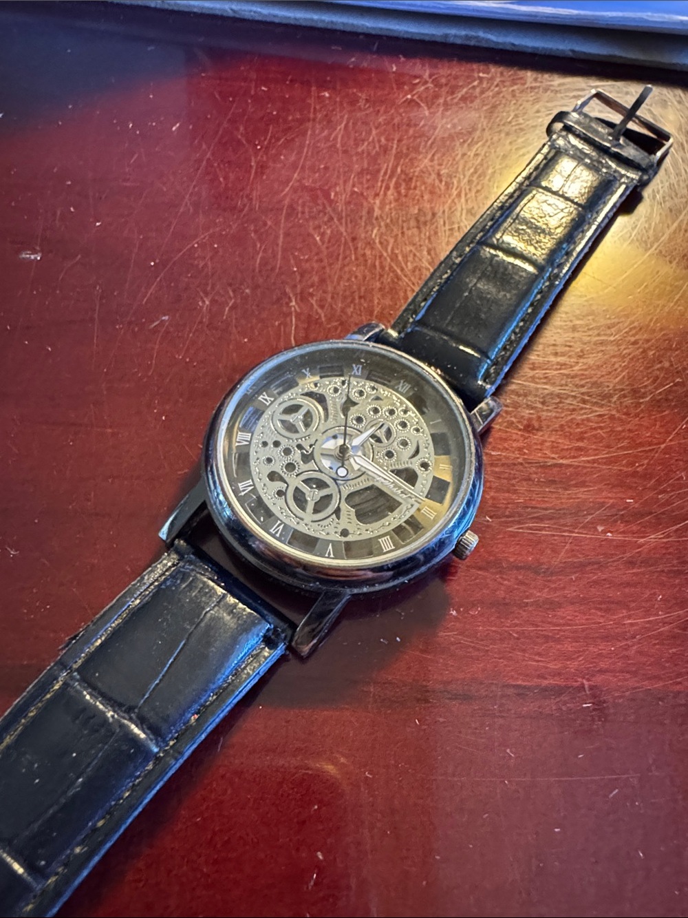 Men's Black Skeleton Mechanical Watch - Unbranded